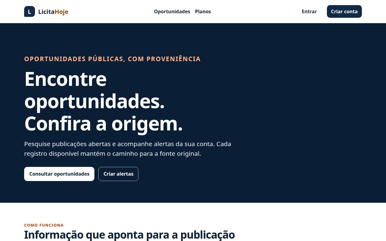 Página inicial do LicitaHoje